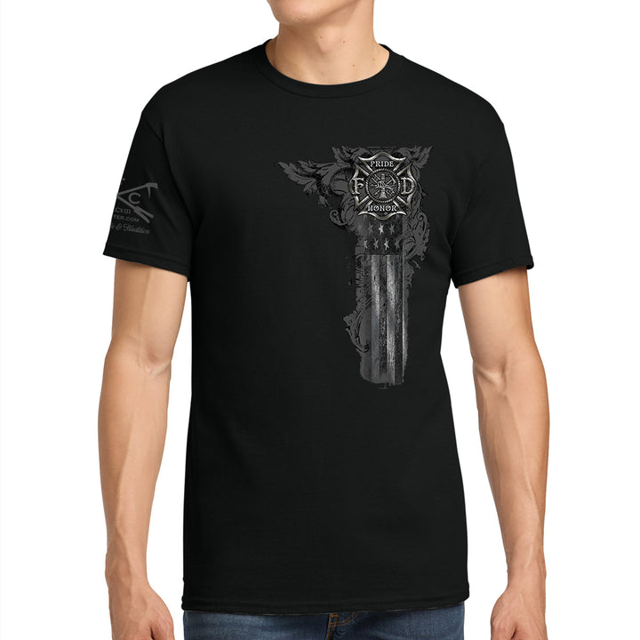 A man wearing a black short-sleeve t-shirt with a detailed gray and white graphic of a shotgun and wings on the front, and a small graphic on the right sleeve. #color_black