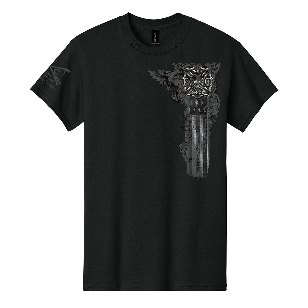 A black short-sleeve crewneck t-shirt featuring a distressed gray graphic on the left chest of a firefighter helmet, Maltese cross, and American flag motif, with a small matching graphic on the right sleeve. #color_black