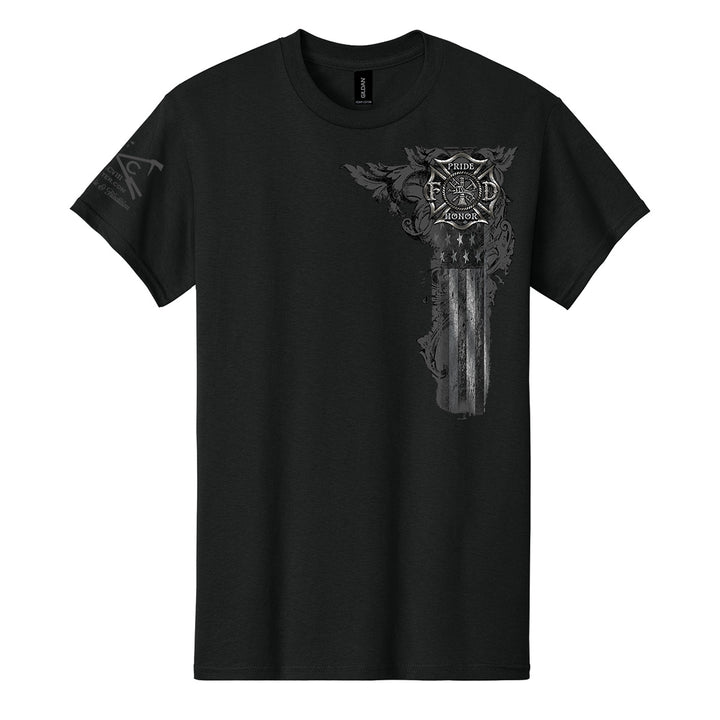 A black short-sleeve crewneck t-shirt featuring a distressed gray graphic on the left chest of a firefighter helmet, Maltese cross, and American flag motif, with a small matching graphic on the right sleeve. #color_black