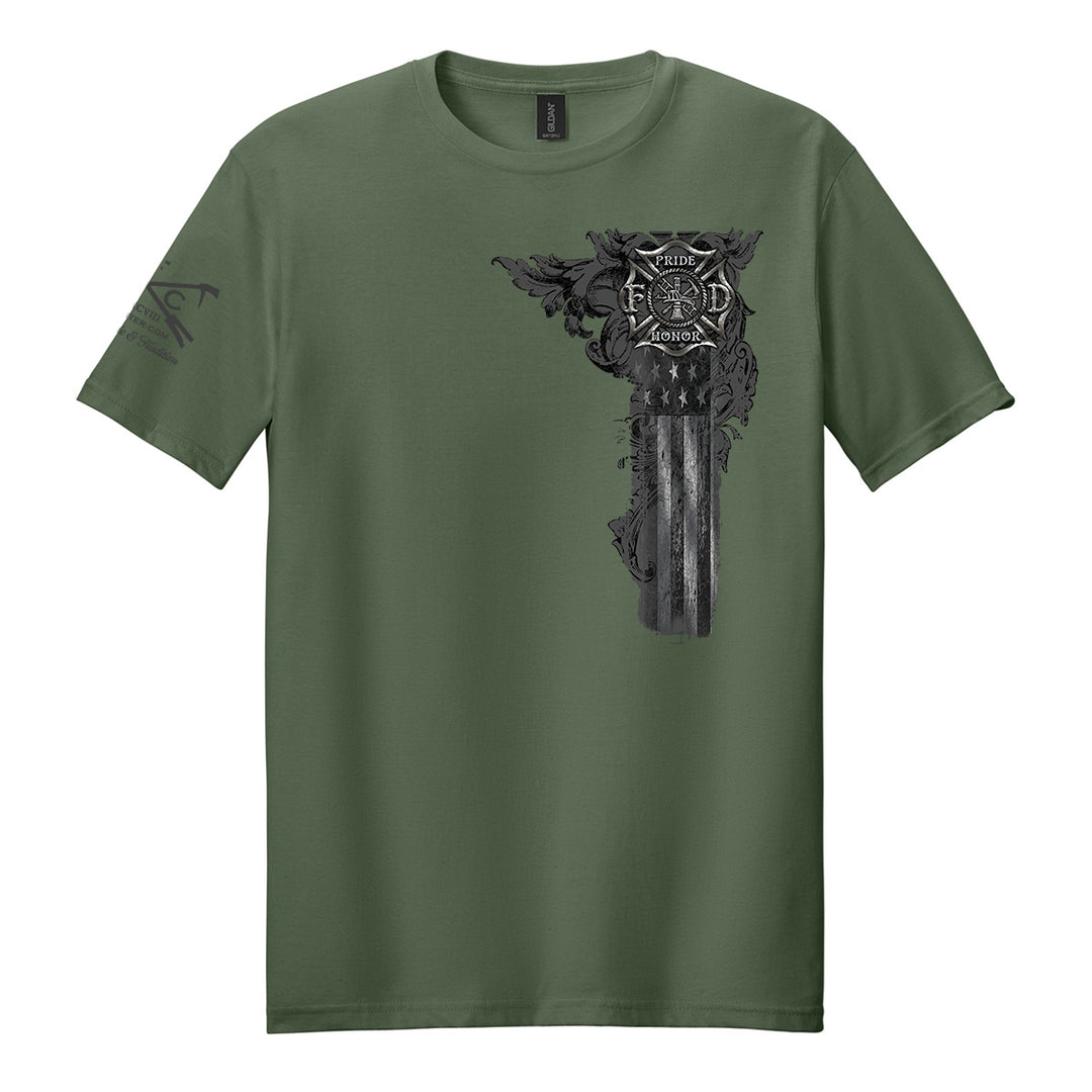 An olive green crewneck firefighter t-shirt and a small black graphic on the right sleeve. #color_military-green