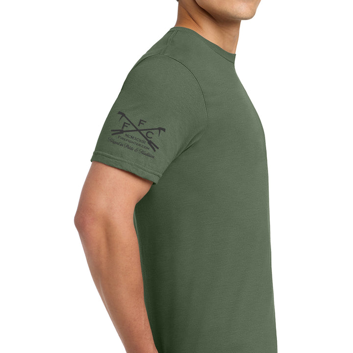 A man wearing a short-sleeve crewneck t-shirt in olive green, shown from a side profile against a plain white background. #color_military-green