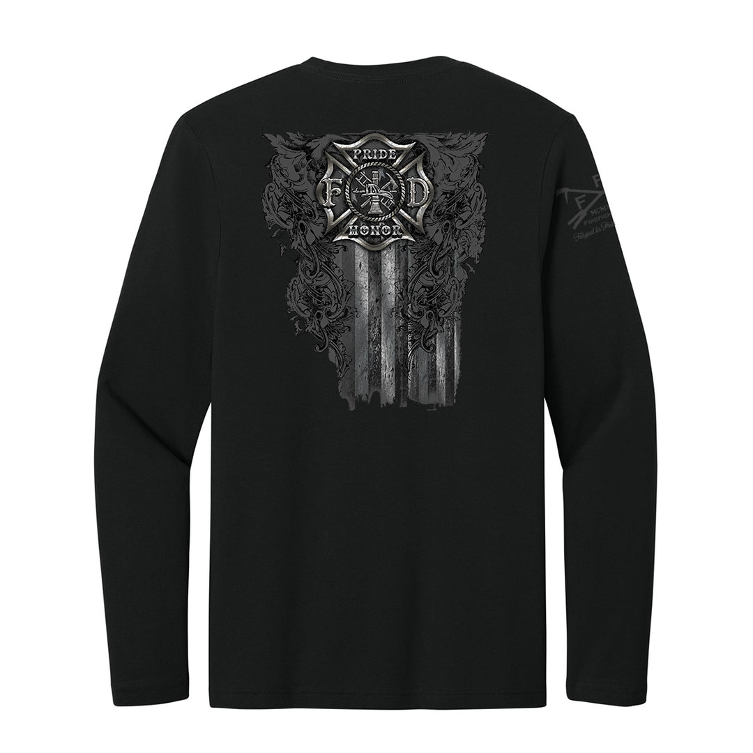 A black long-sleeve t-shirt shown from the back, featuring a large distressed gray graphic on the back #color_black