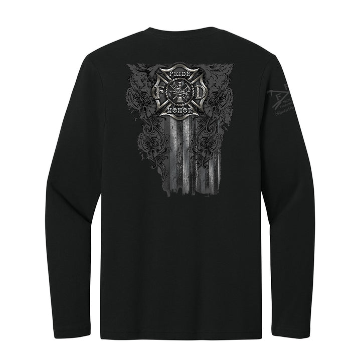 A black long-sleeve t-shirt shown from the back, featuring a large distressed gray graphic on the back #color_black