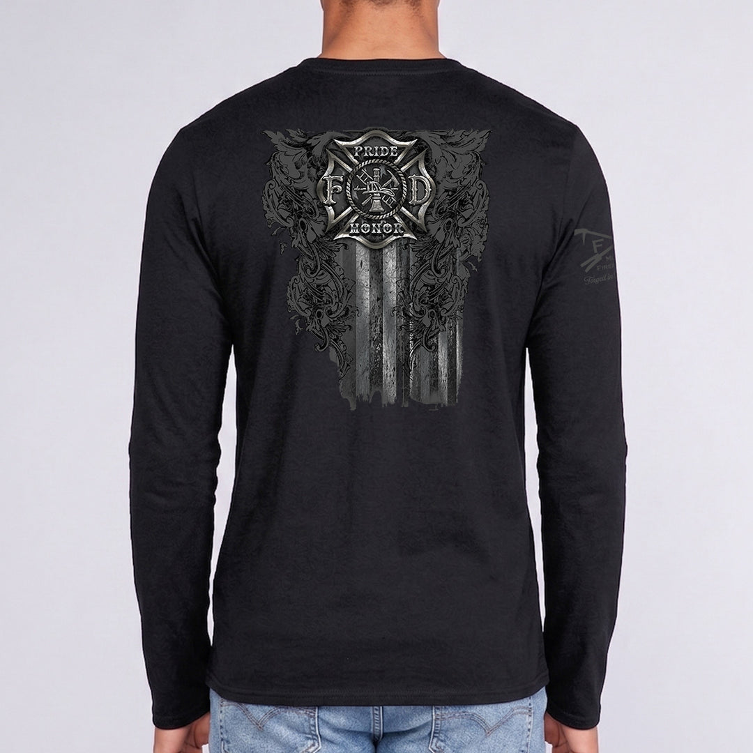 A man viewed from the back wearing a black long-sleeve t-shirt with a large distressed graphic on the back. The graphic features a cross, a circular emblem with 'Proud' and 'Support' text, and a vertical American flag design integrated with dark floral and scrollwork. #color_black