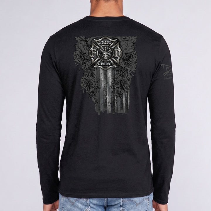 A man viewed from the back wearing a black long-sleeve t-shirt with a large distressed graphic on the back. The graphic features a cross, a circular emblem with 'Proud' and 'Support' text, and a vertical American flag design integrated with dark floral and scrollwork. #color_black