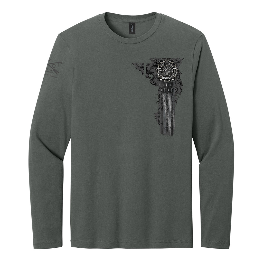 A dark gray long-sleeve t-shirt with a black graphic print of a skull wearing a helmet and holding a rifle on the left chest, displayed on a solid white background. #color_charcoal