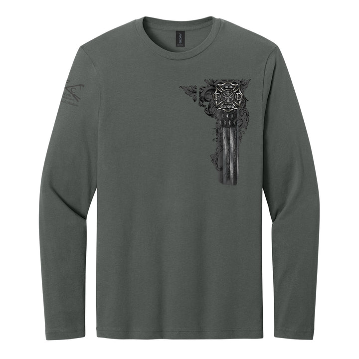 A dark gray long-sleeve t-shirt with a black graphic print of a skull wearing a helmet and holding a rifle on the left chest, displayed on a solid white background. #color_charcoal