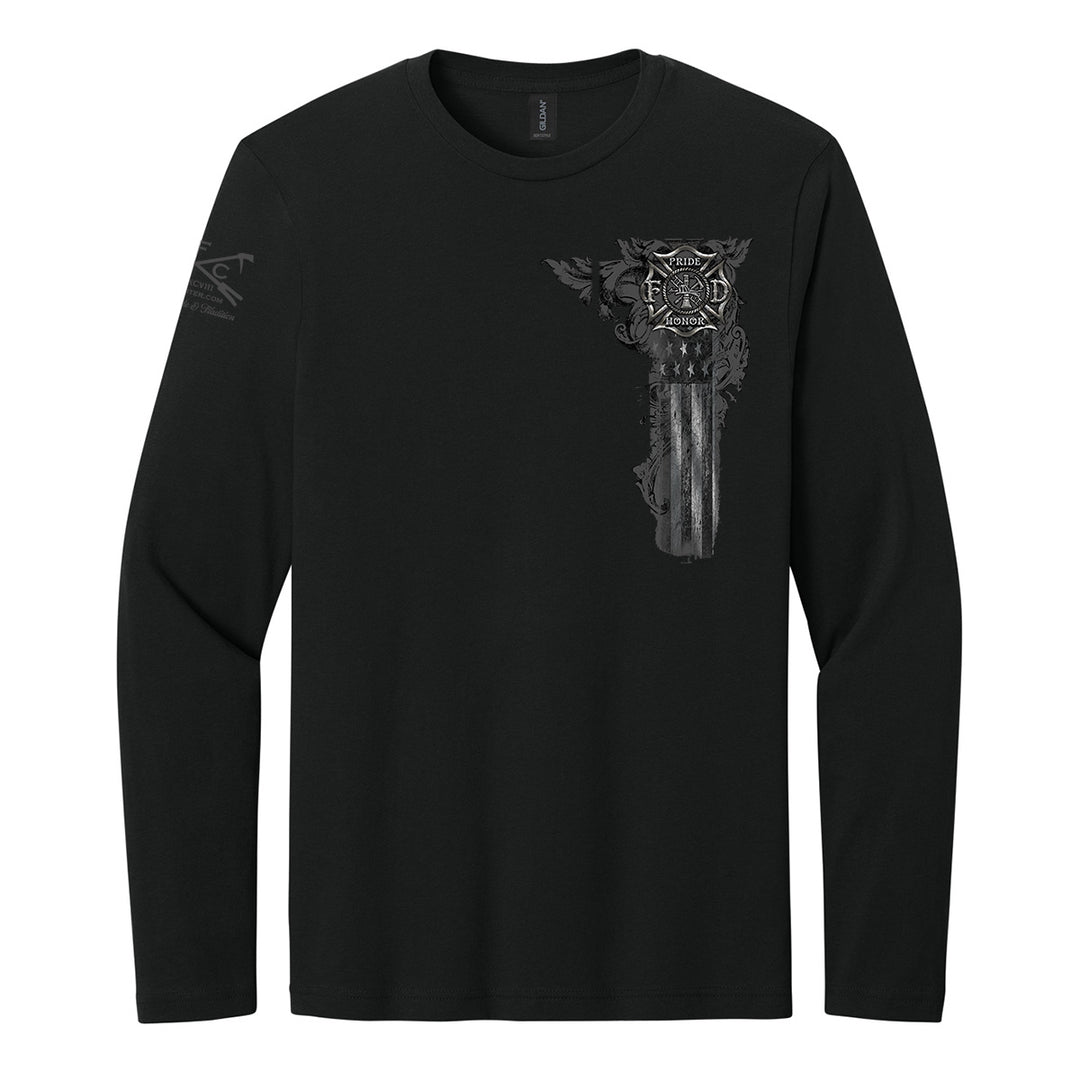 A black long-sleeve crewneck t-shirt with a distressed gray graphic of a skull wearing a firefighter helmet on the left chest, and a small matching graphic on the right sleeve, shown against a plain white background. #color_black