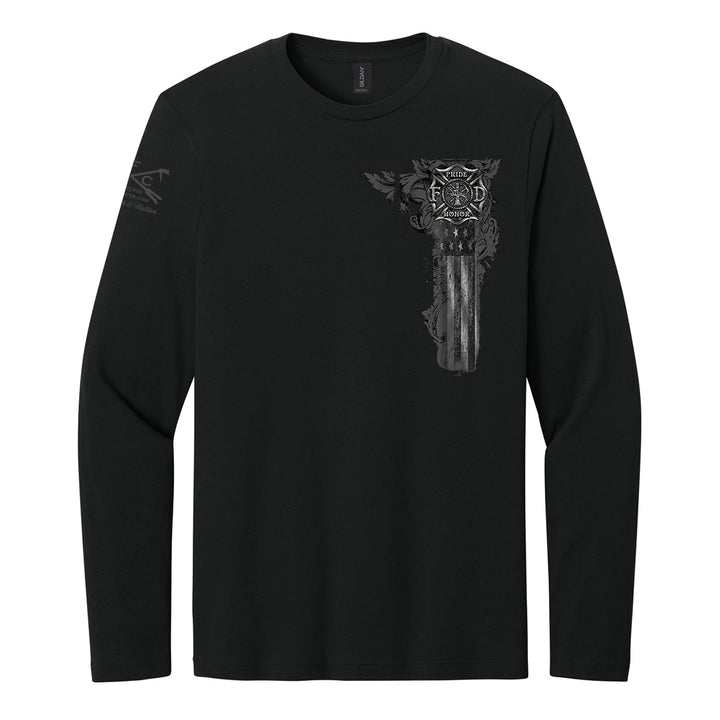 A black long-sleeve crewneck t-shirt with a distressed gray graphic of a skull wearing a firefighter helmet on the left chest, and a small matching graphic on the right sleeve, shown against a plain white background. #color_black