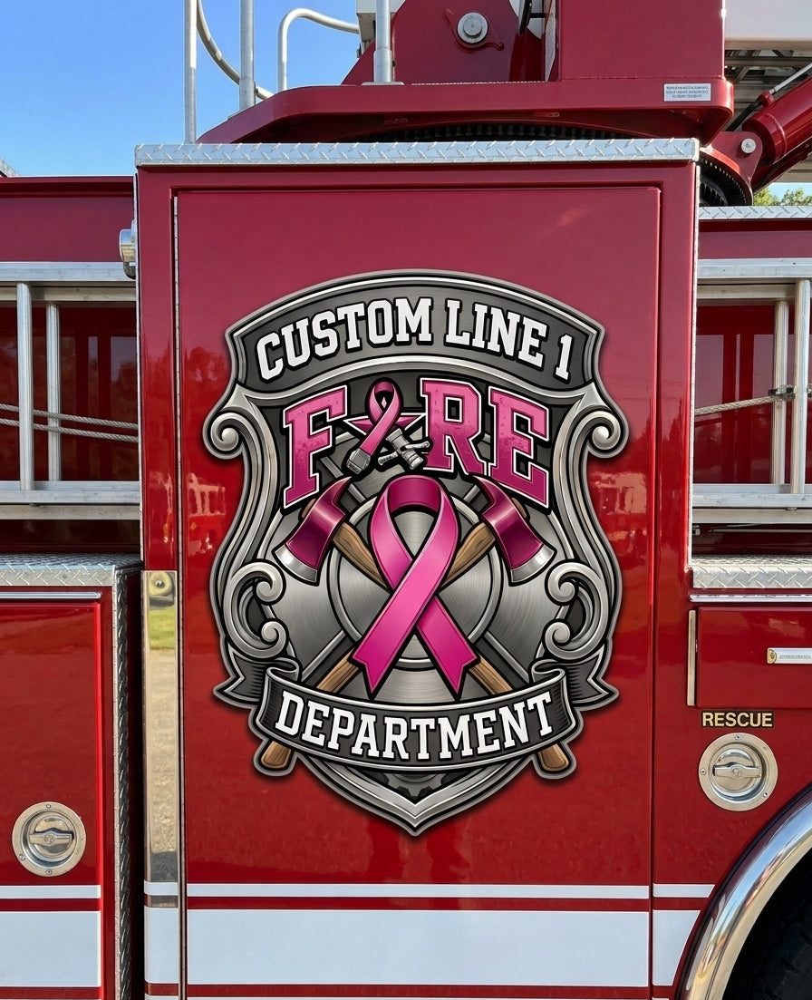 A close-up of a red fire truck door featuring a large decorative emblem that reads 'CUSTOM LINE 1 FIRE DEPARTMENT' with a pink ribbon and crossed axes. Part of the truck body, windows, and outdoor surroundings are visible.