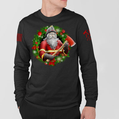 Holiday-themed firefighter long-sleeve shirt with wreath design.