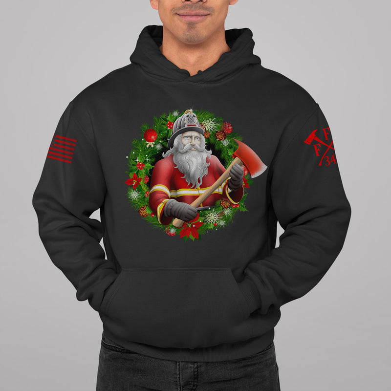 Holiday-themed firefighter hoodie jacket with wreath design.