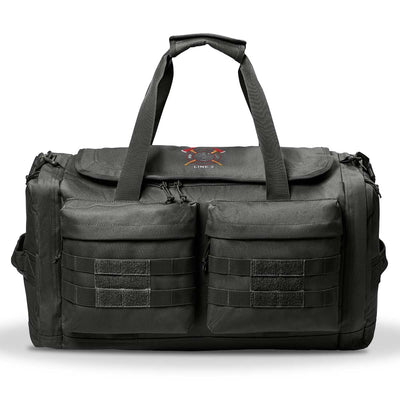 Durable firefighter duffel bag with patch display panel, ideal for work, gym, and travel.