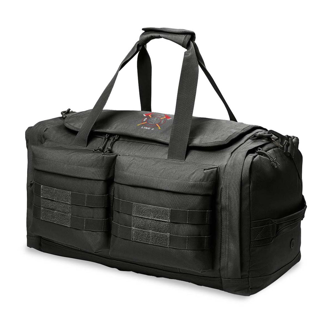 Tough firefighter duffel bag made from 600D polyester canvas with reinforced handles.