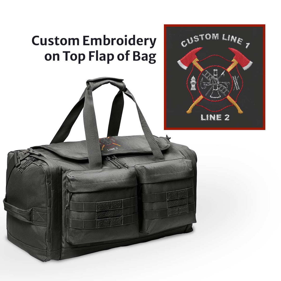 Firefighter duffel bag featuring a ventilated shoe compartment and multiple pockets for gear.