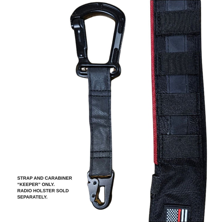 Black strap with carabiner and radio holster on a white background