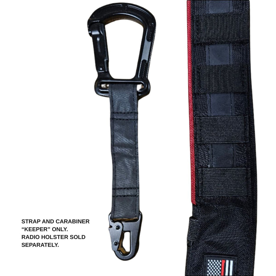 Black strap with carabiner and radio holster on a white background