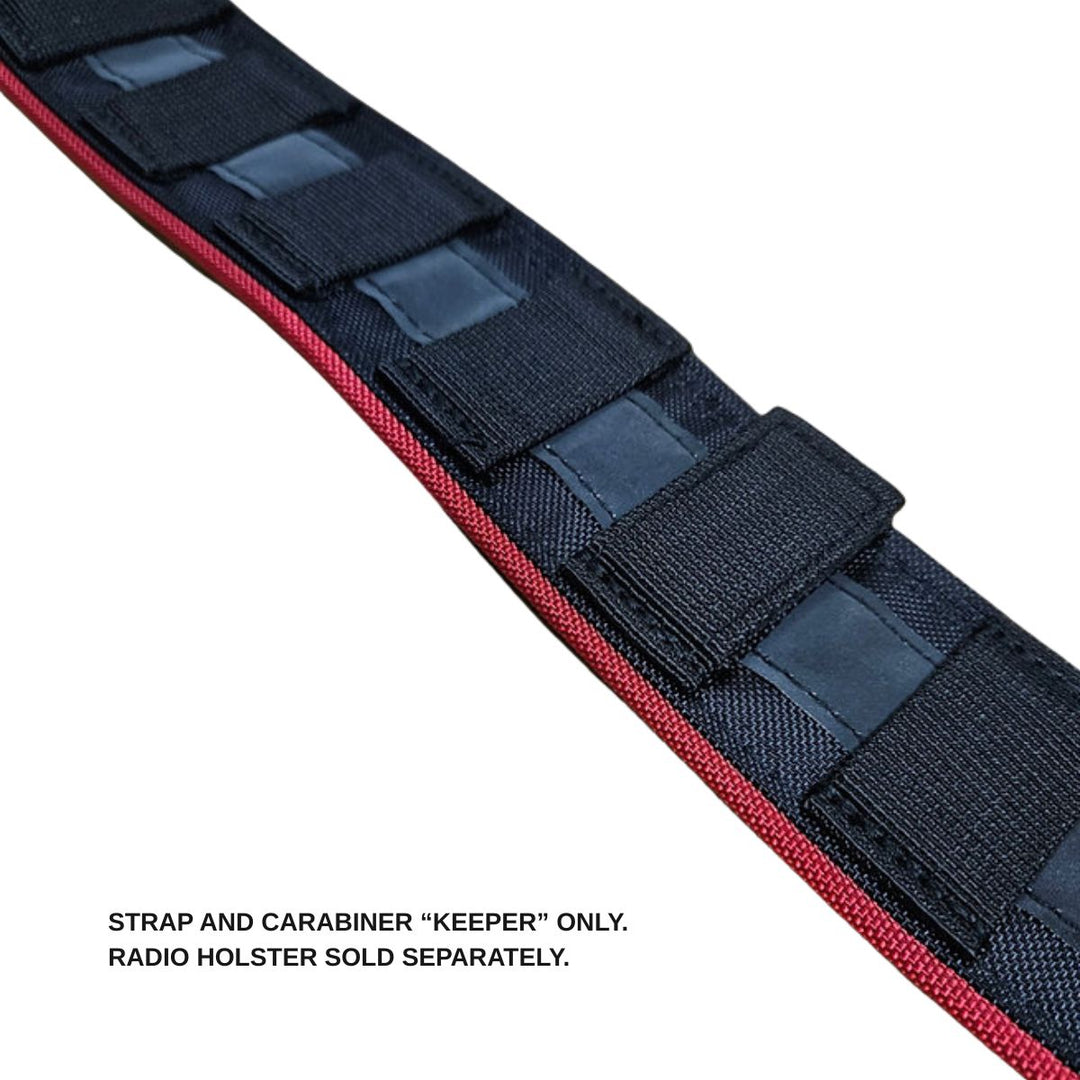 Black strap with red interior and multiple loops on a white background