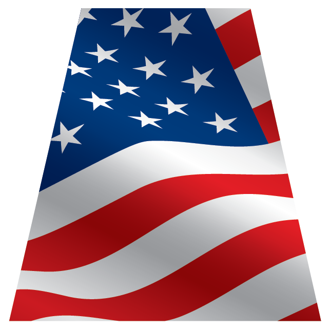 A stylized American flag graphic with a wavy fabric effect, featuring white stars on a blue canton and red and white stripes, shown on a plain white background.