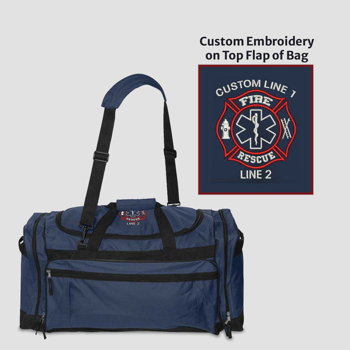 Fire Rescue duffel bag, showcasing its durable design and practical side pockets for organization.