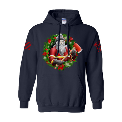 Firefighter holiday apparel with wreath design on a hoodie.