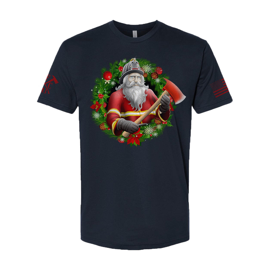 Wrecking Wreaths t-shirt blending Christmas with firefighter pride.