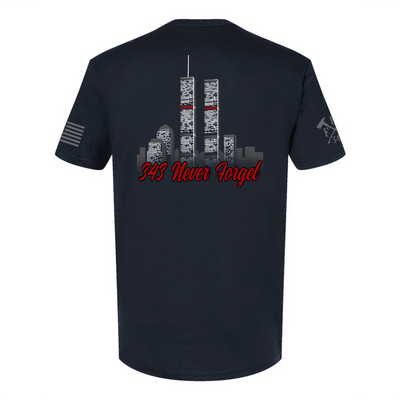 Back view of 9/11 firefighter T-Shirt in navy color featuring full-back design features the Twin Towers, with "343 Never Forget" 