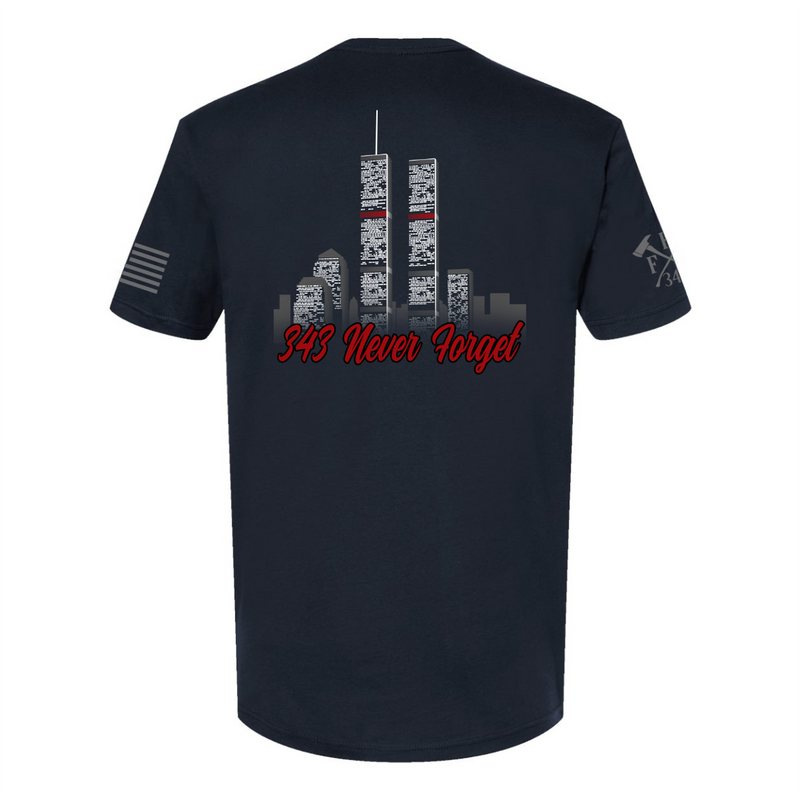 Back view of 9/11 firefighter T-Shirt in navy color featuring full-back design features the Twin Towers, with "343 Never Forget" 