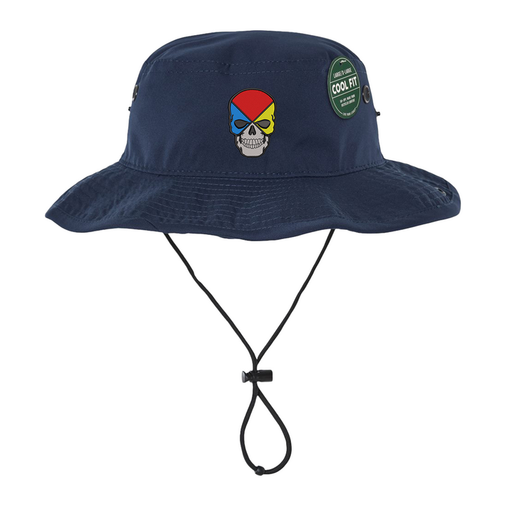 Ventilated bucket hat with bold hazmat colors and skull design