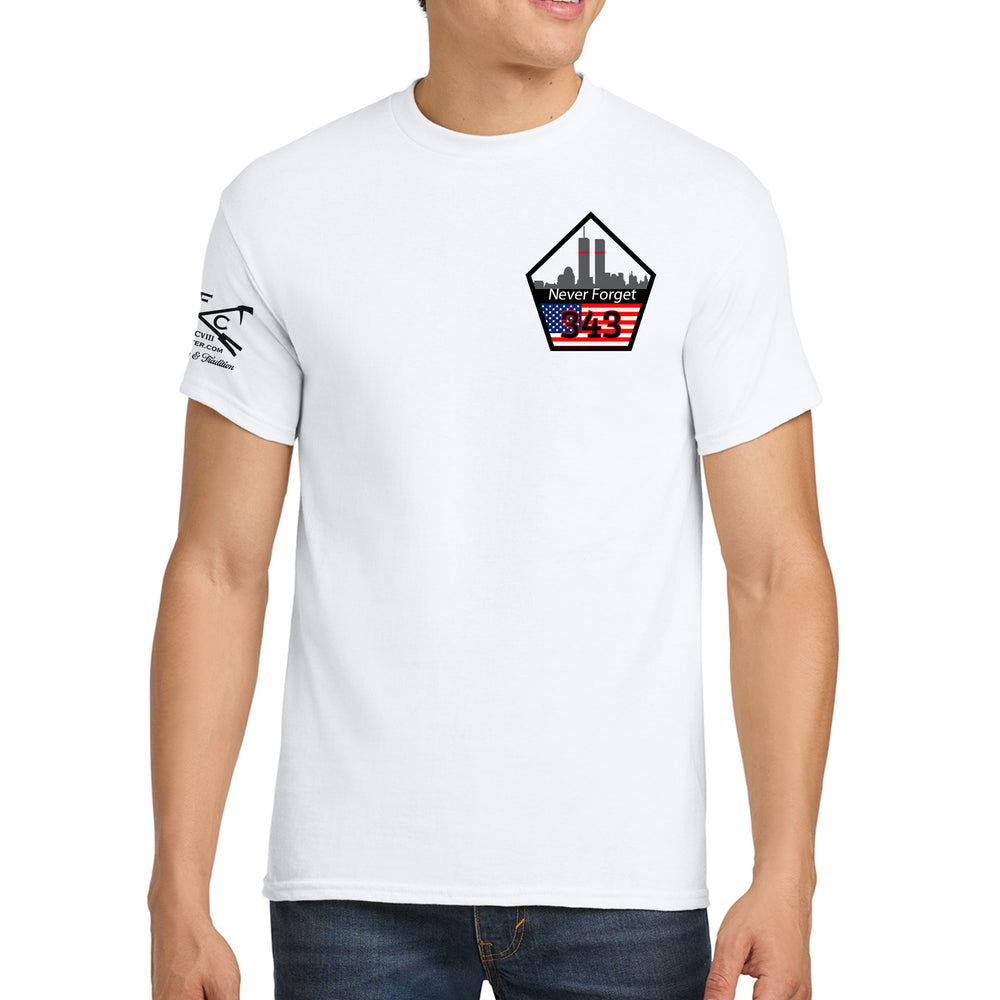 A man wearing a white short-sleeve crewneck t-shirt with a 'Never Forget 343' graphic on the left chest and a black graphic on the right sleeve, paired with dark blue jeans against a white background. #color_white