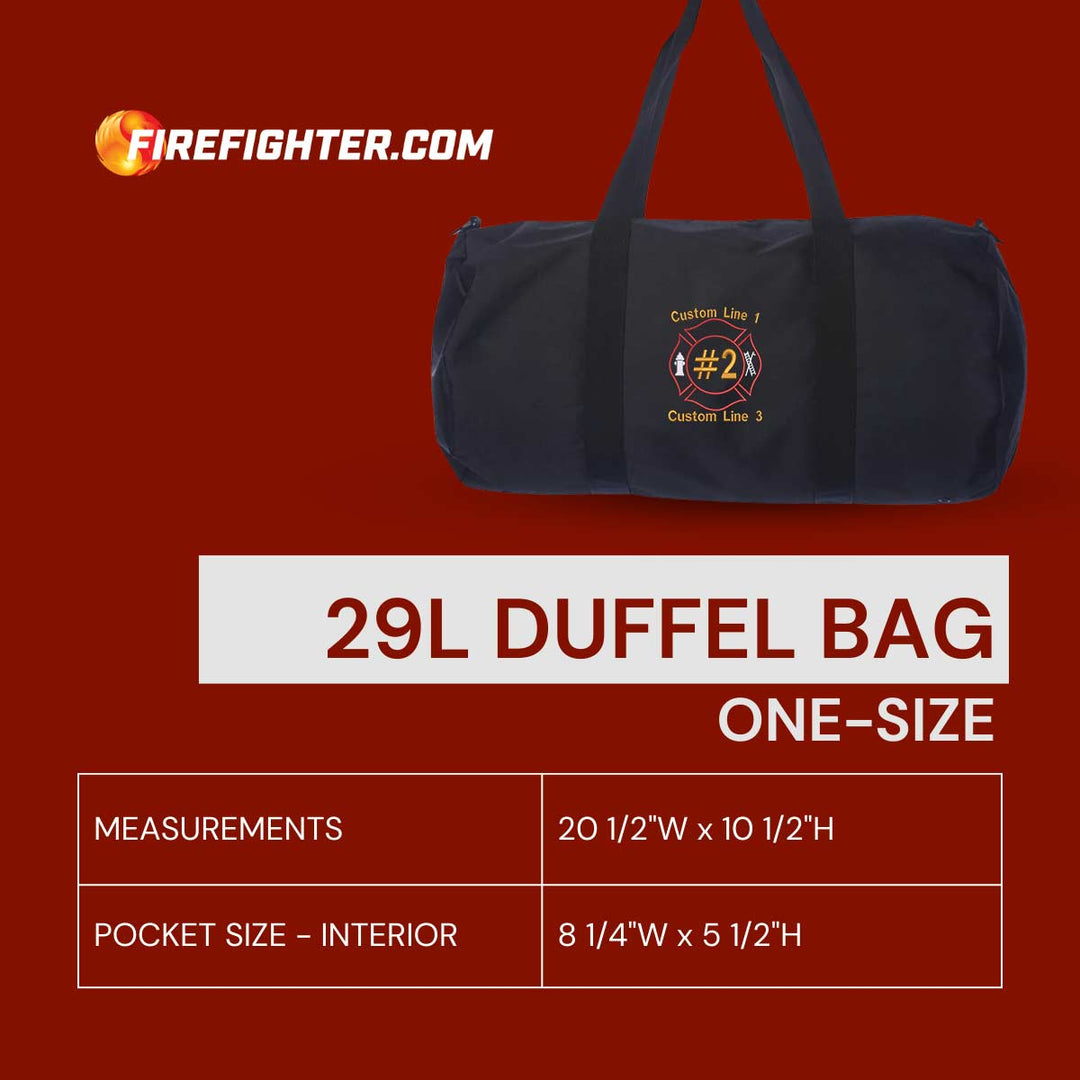 Personalized firefighter gear bag with embroidered Maltese Cross and mesh pocket