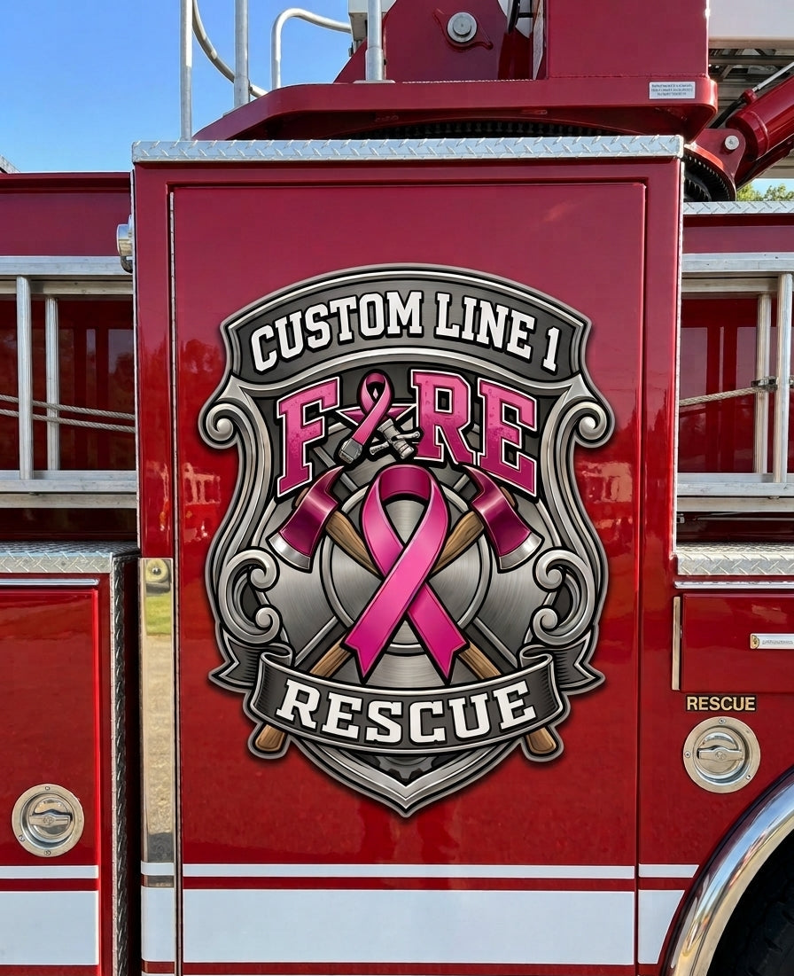 A close-up of a red fire truck door featuring a large decorative emblem with crossed axes, a pink ribbon, and the words 'CUSTOM LINE 1 FIRE RESCUE.'.