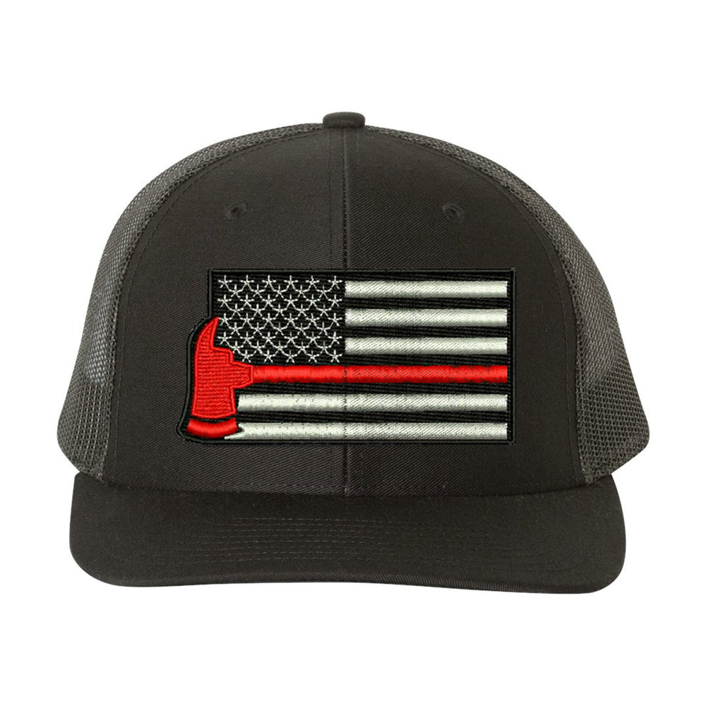 Black snapback trucker hat featuring a Thin Red Line axe and flag design