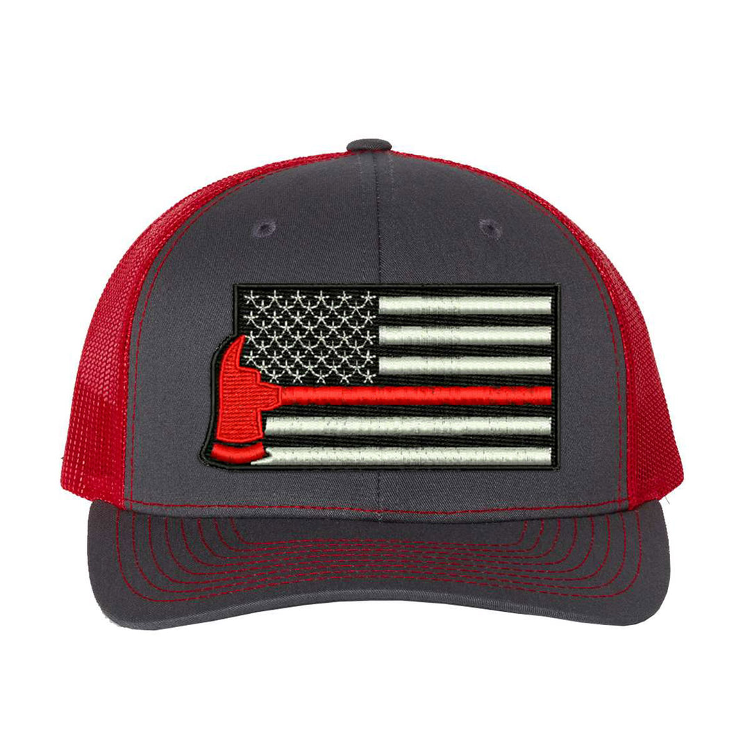 Patriotic Thin Red Line trucker cap designed for firefighters and first responders