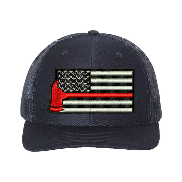 Black and gray trucker hat with firefighter Thin Red Line axe embroidery