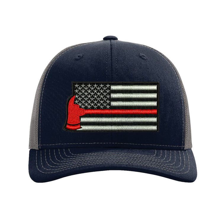 Rugged firefighter snapback hat with Thin Red Line flag and axe graphic