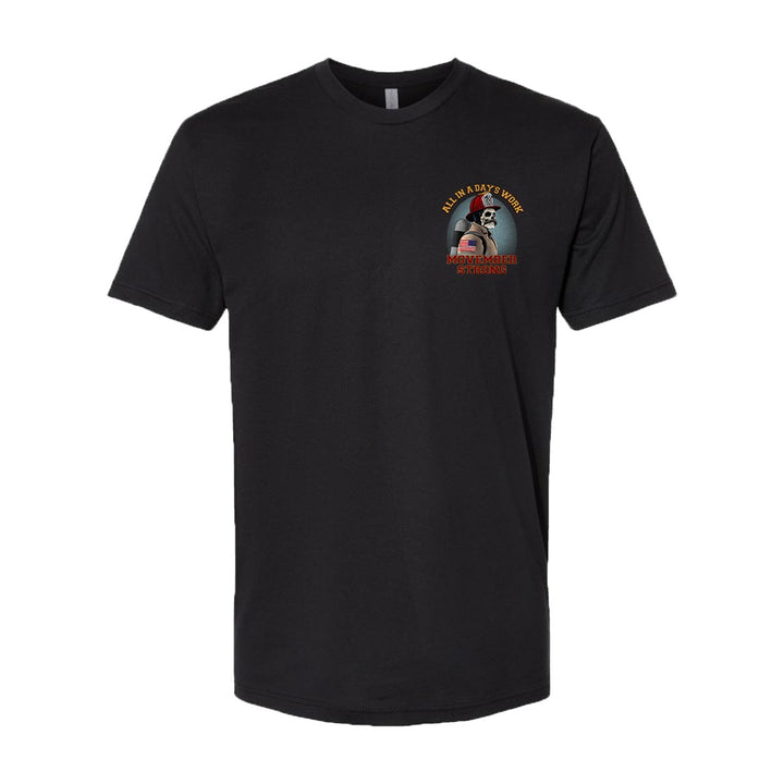 T-shirt design highlighting the phrase "ALL IN A DAY'S WORK."