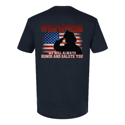 Firehouse to veterans t-shirt with saluting firefighter and American flag