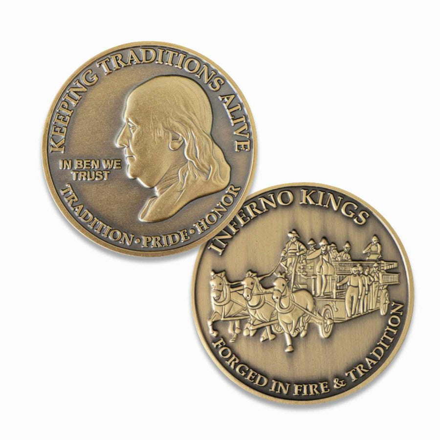 Firefighter.com exclusive 'In Ben We Trust' challenge coin featuring Benjamin Franklin and 'Keeping Tradition' motto. Antique bronze finish.