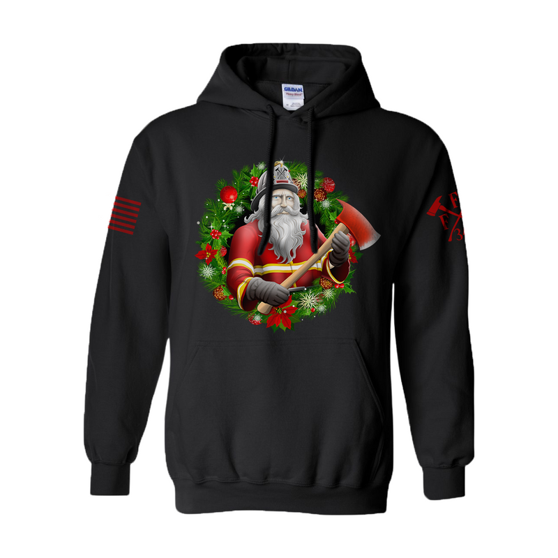 Firehouse-inspired holiday hoodie jacket with wreath art.