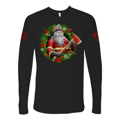 Firehouse-inspired holiday long-sleeve shirt with wreath art.