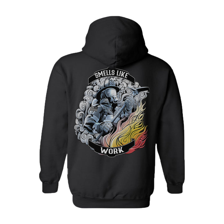 Graphic of firefighter holding a halligan bar on the Smells Like Work Premium hoodie.