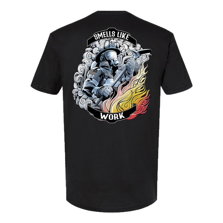 Firefighter graphic on the FFC 343 Smells Like Work Premium T-Shirt with halligan bar and smoke background.