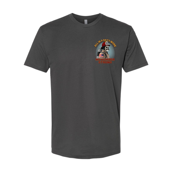 Detailed image of the firefighter skull mask graphic on the shirt.