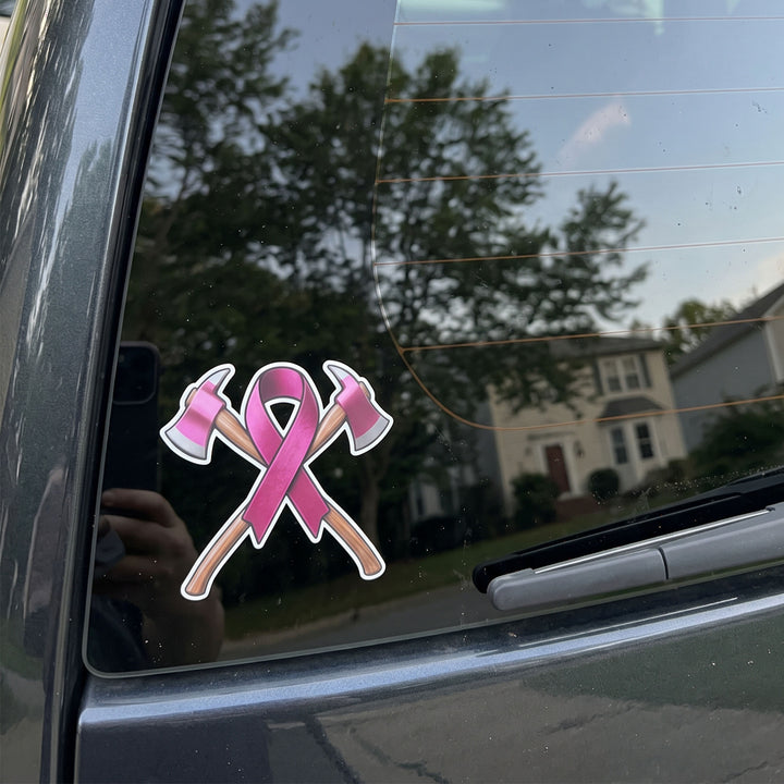 Breast Cancer Awareness Dual Axe Decal for firefighters, fire departments, and community members who support the cause.