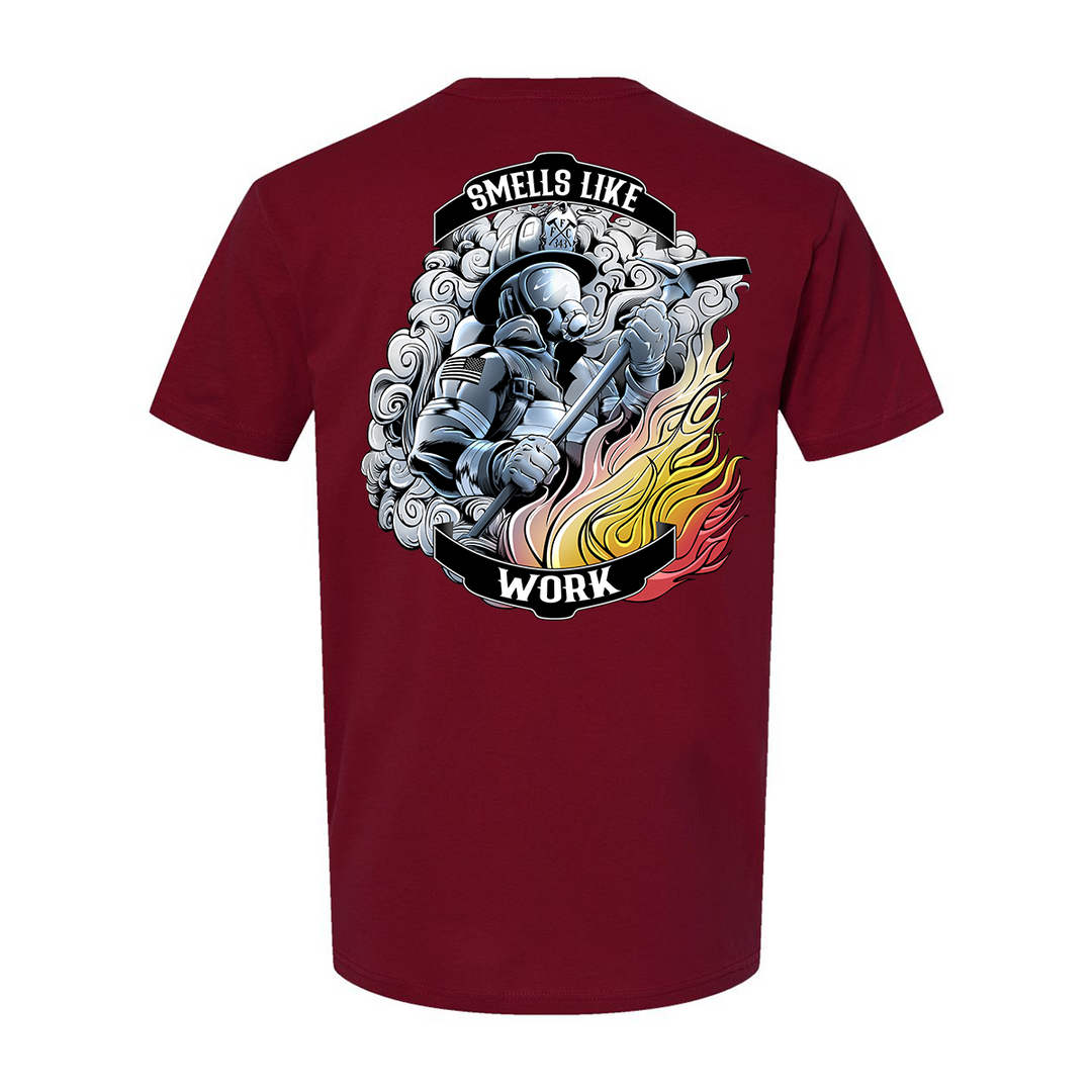 Front view of the FFC 343 Smells Like Work Premium T-Shirt featuring bold text and firefighter graphic.