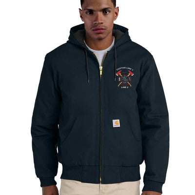 Carhartt jacket with Crossed Axes logo, quilted-flannel lining, and customizable text lines for added personalization.