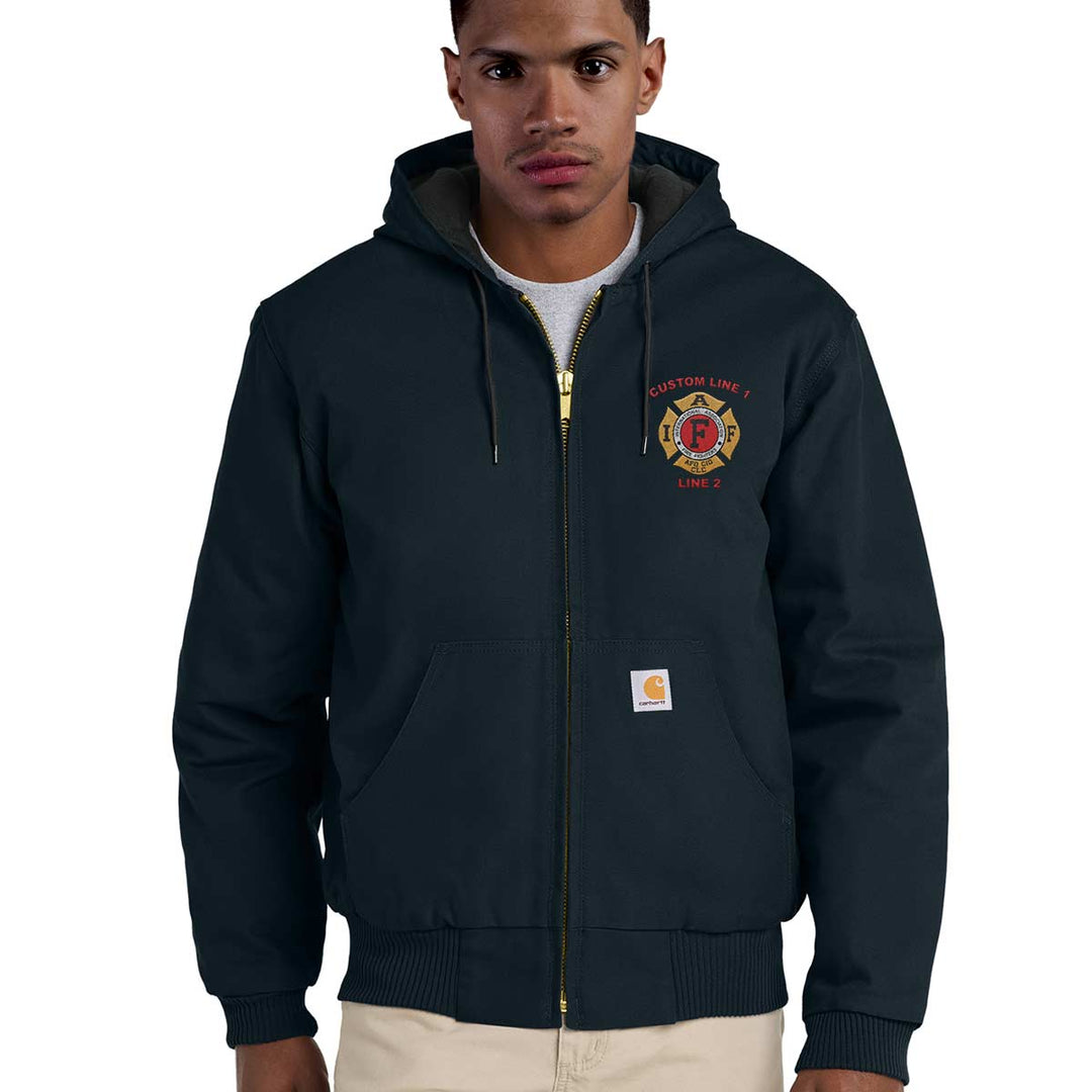 Carhartt jacket with IAFF logo, quilted-flannel lining, and customizable text lines for firefighter apparel personalization.