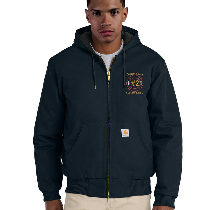 Carhartt jacket with Maltese cross logo, quilted-flannel lining, and customizable text lines for firefighter personalization.