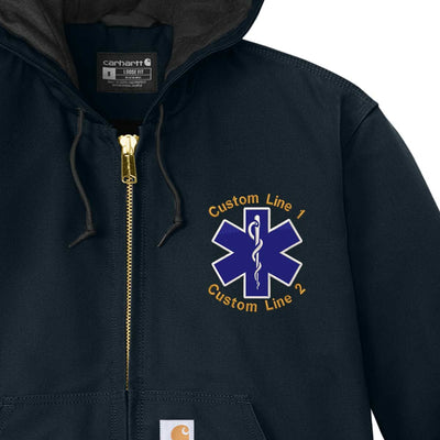 Carhartt jacket with Star of Life logo, quilted-flannel lining, and customizable text lines for personalized EMS apparel.